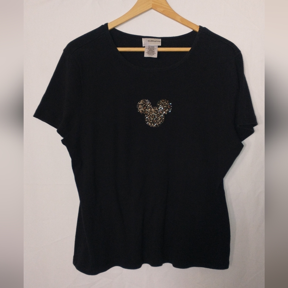 Disney Black Vintage Tee with Leopard Sequin Mickey Design XL Top Blouse